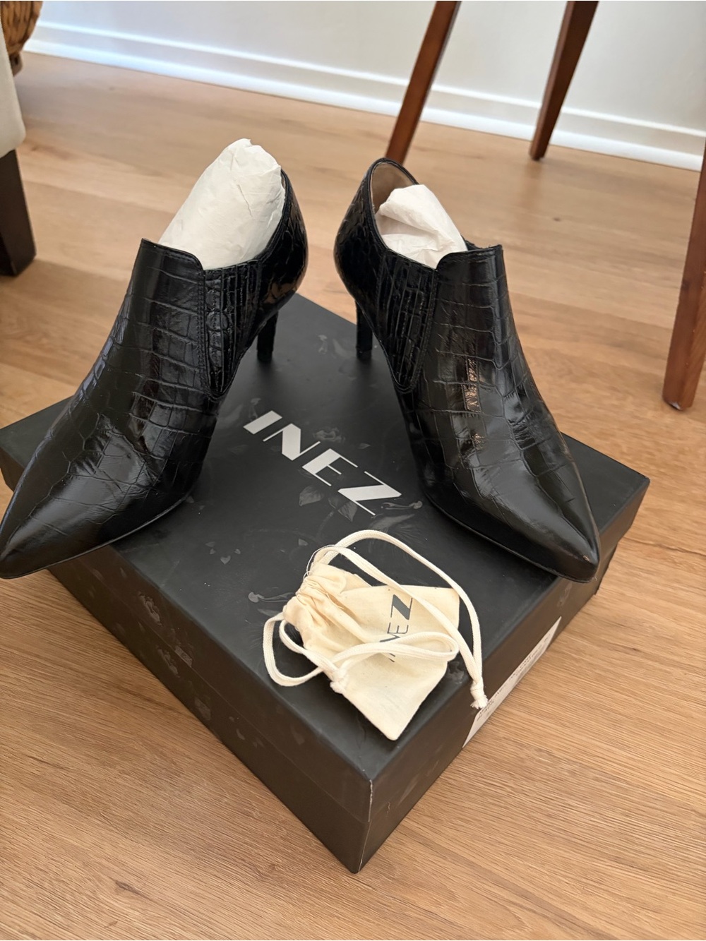 INEZ Black Croc-Embossed Pointed Toe Heel Booties